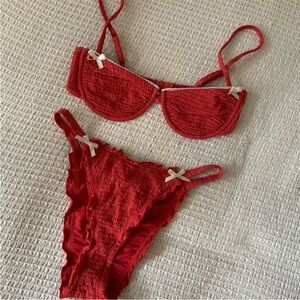 Free People Dippin Daisies Red Scrunchie Bow Bikini Underwire Top Cheeky Bottoms